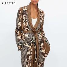 2019 New Print 2 Piece Set Women Vintage Belt Long Sleeve Female Outfit Clothing Blazer Coat and Pants Sets Women's Pant Suits