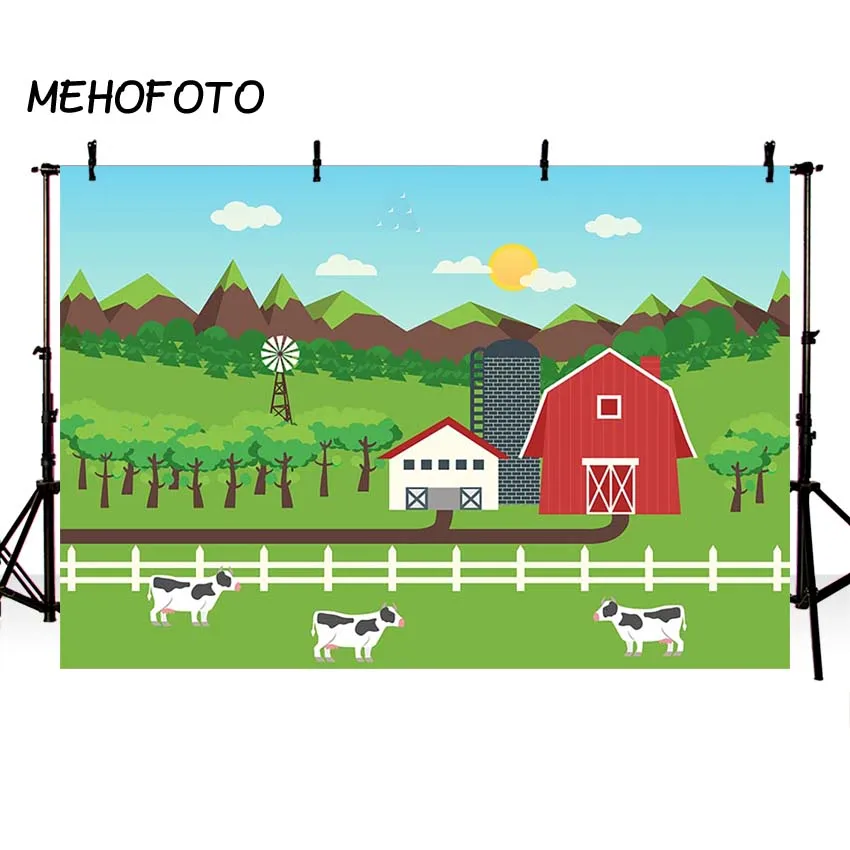 Тема фермы фон для фотосъемки красный сарай скотный двор трактор воздушные шары животные забор сад на заказ фотостудия фон баннер