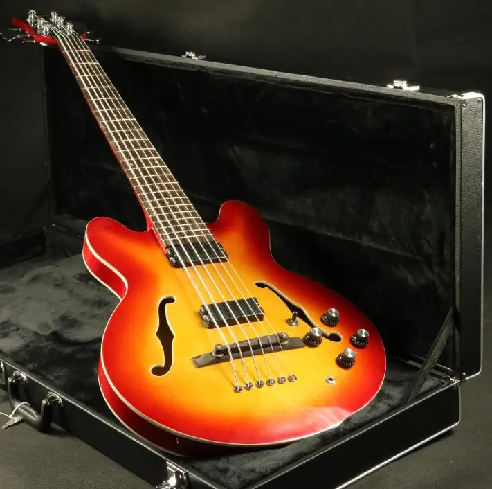 6 Strings Semi Hollow Body Electric Bass Guitar C335A Style Cherry