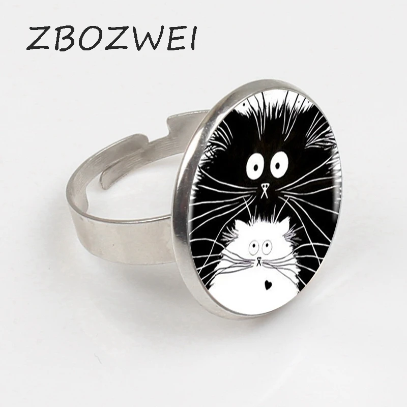

ZBOZWEI 2018 Black and White Cats Ring Silver Black Ring For Women Accessories Cute Animal Jewelry Glass Dome Ring ace