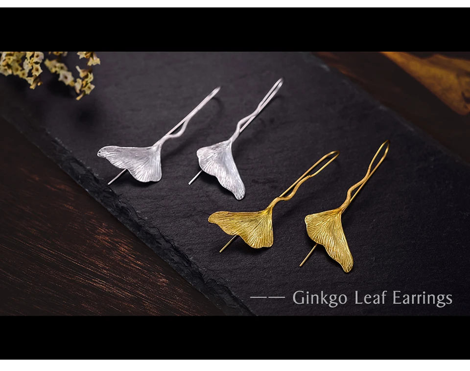 Muduh Collection Real 925 Sterling Silver Natural Handmade Designer Fine Jewelry Ginkgo Leaf Fashion Dangle Earrings for Women Brincos