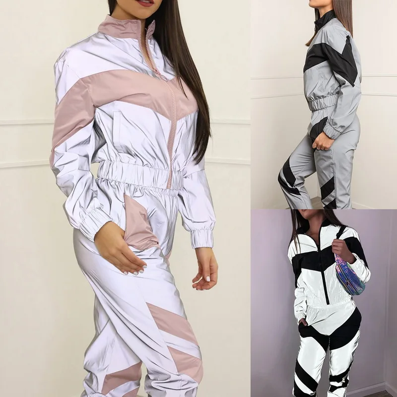 

2019 New Yoga Set Women Reflective Tracksuit Splicing Long Sleeve Zipper Top Sports Wear for Women Gym Clothing 2 Piece mujer