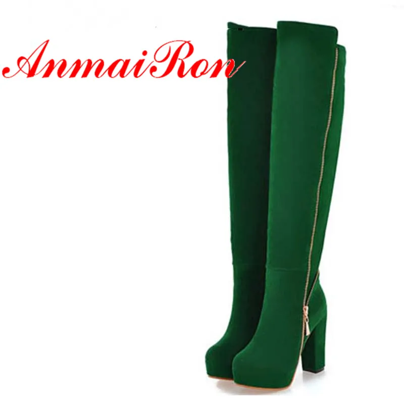 

ANMAIRON Large Size 34-43 Winter Fashion Sexy High Heels Knee-high Boots Knight Square Zipper Women Shoes Stovepipe Women Boots