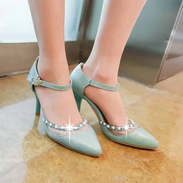 

New summer office lady sweet beading ankle strap poined toe thin high heels dress shoes size 34-43