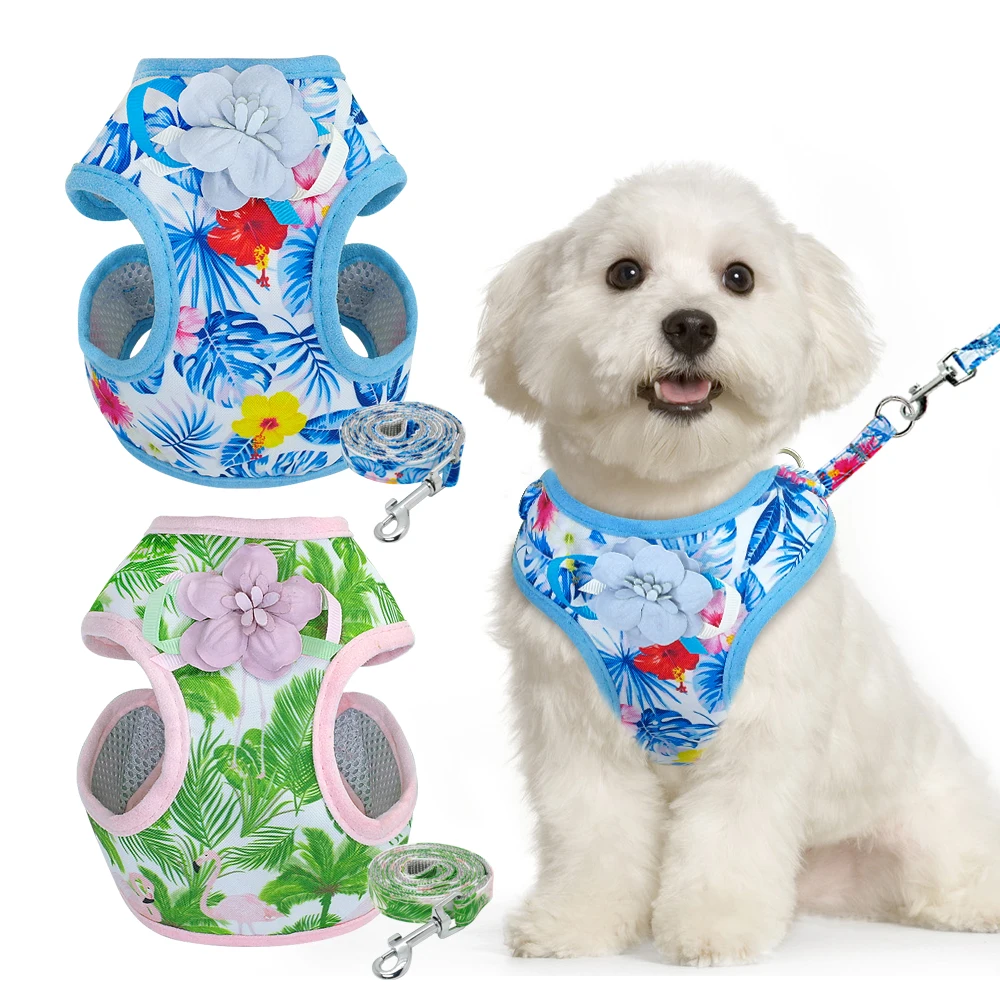 

Breathable Dog Harness and Leash Set Flower Pet Cat Harness Vest Nylon Chihuahua Harness and Leads for Small Medium Dogs
