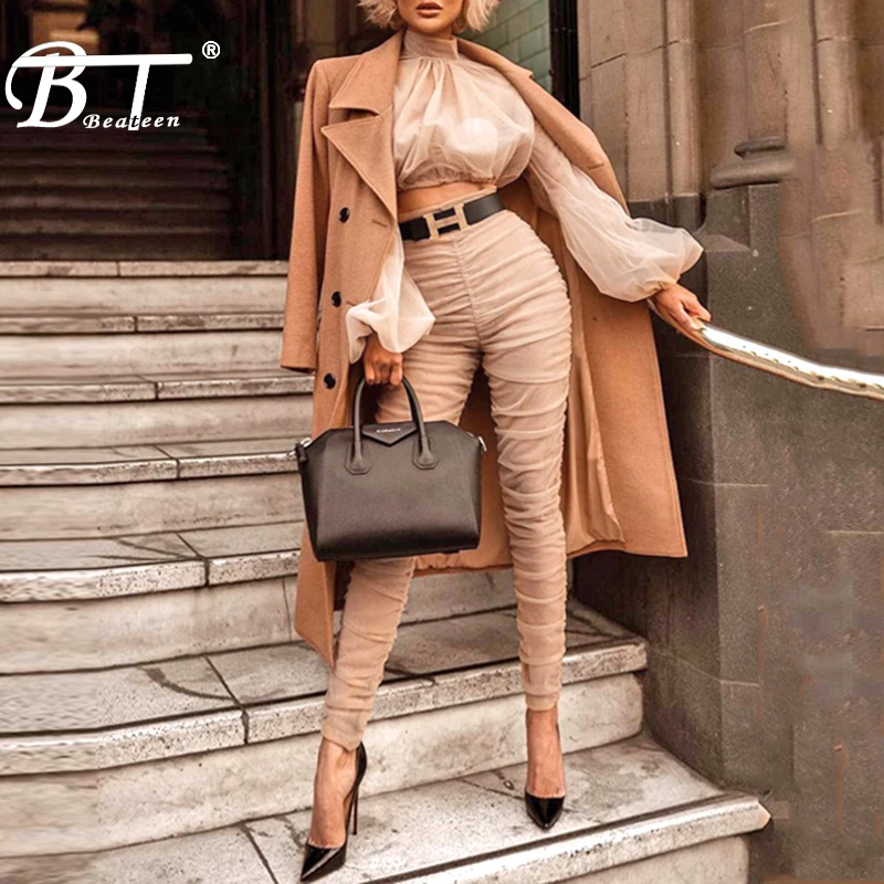 

Beateen 2018 New Mesh Ruched Top Full Pant Women 2 Pieces Turtleneck Sexy Fashion Pant Suits Set Long Sleeve