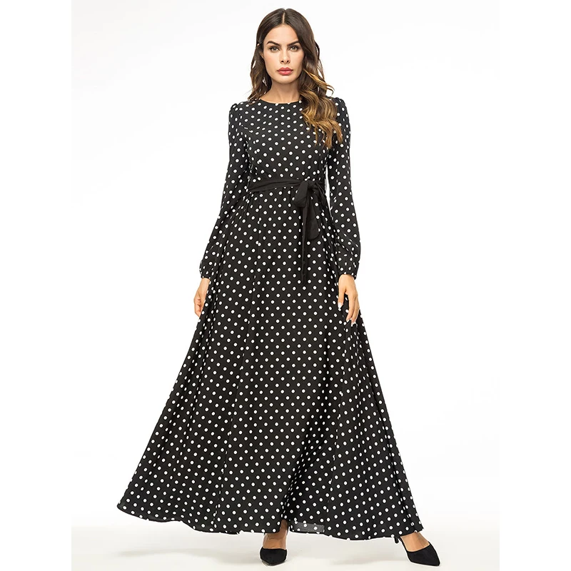 

WHZHM Dot Plus Size 4XL Robe Black Muslim Dress Women Long Casual Female Robe Plus Size 3XL Vintage Maxi Sashes Party Dress