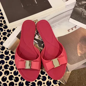 

Fish Mouth Metal Buckle Bow Flat Jelly Shrimp Slippers Wild Holiday Beach Shoes Flip 2019 Summer New Pantuflas De Mujer Slippers