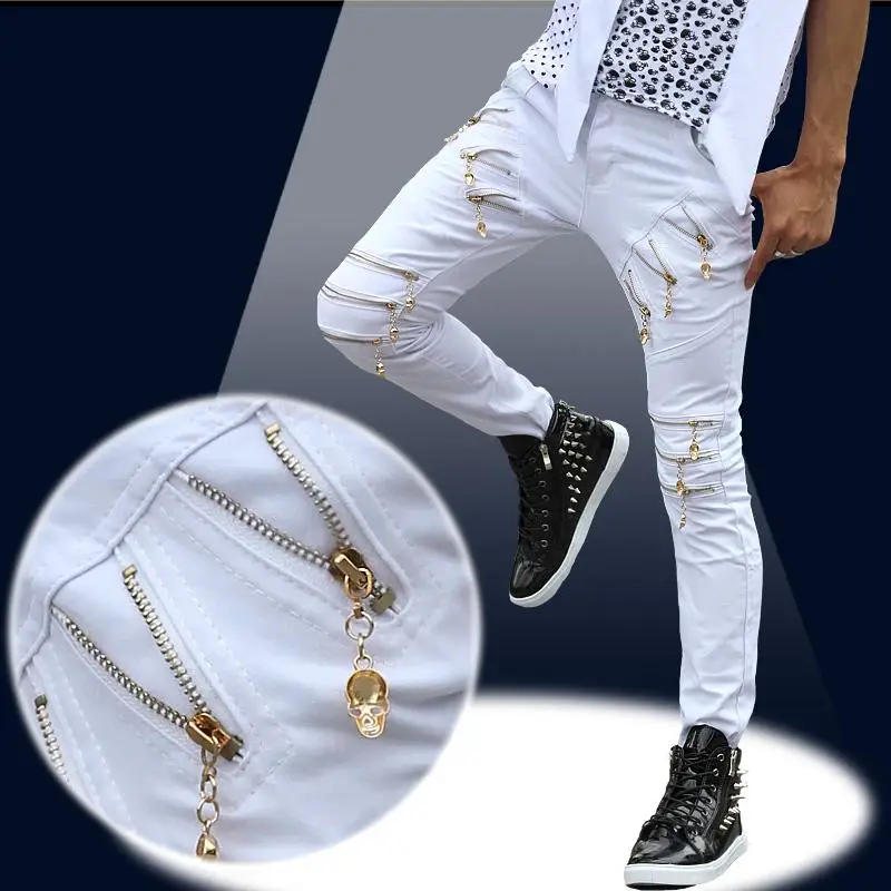Уличный мальчик повседневные молнии хип хоп брюки мужские модные брюки комбинезоны мужские джинсы брюки - Цвет: Белый