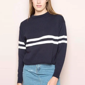 

Autumn Cotton Loose Softy O-neck Long Sleeve Knitted Sweaters Casual Women Striped Contrast Color Casual Pullovers Sweater
