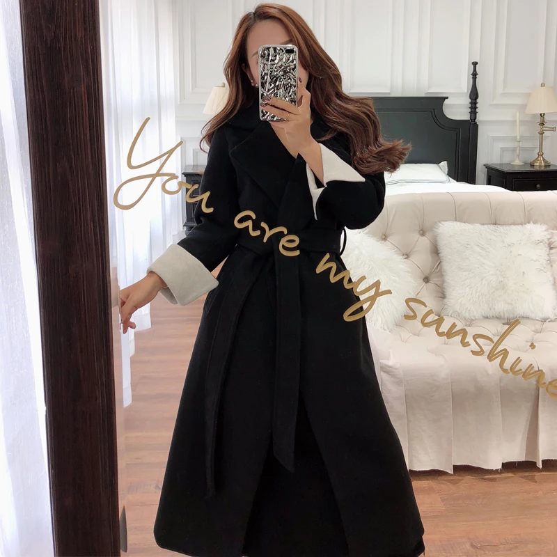 Elegant V Neck Women's Winter Fashion Woolen Overcoat Long Black Trench Dress Coats With Pockets Belt Casaco de la Feminino