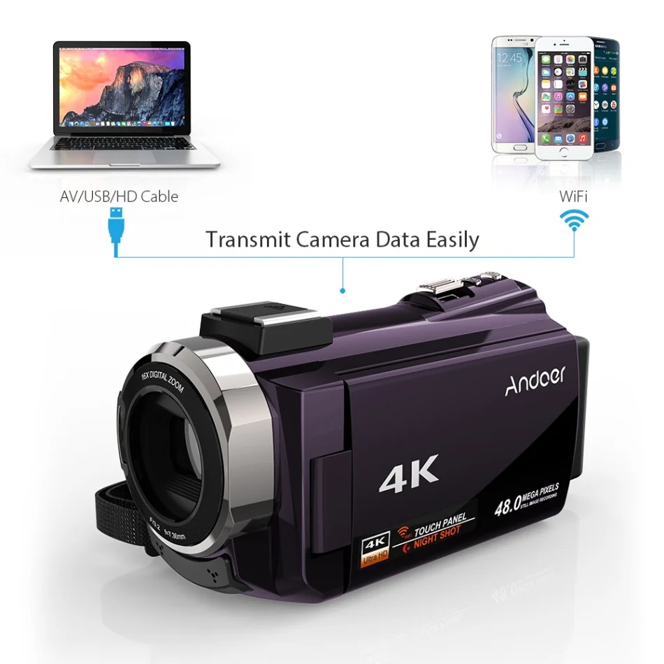 Andoer 4K Camcord 1080P 48MP WiFi цифровая видеокамера с 0.39X широкоугольным макрообъективом +
