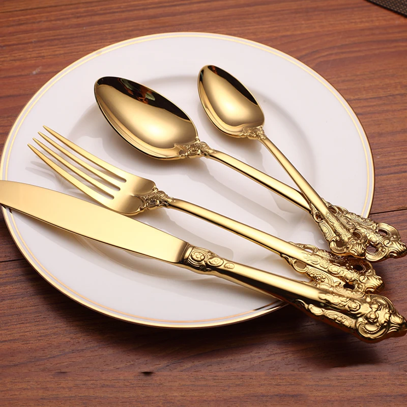 4 pcs Luxury Golden Cutlery Set Steak Knife Table Fork Dpoon Teaspoons