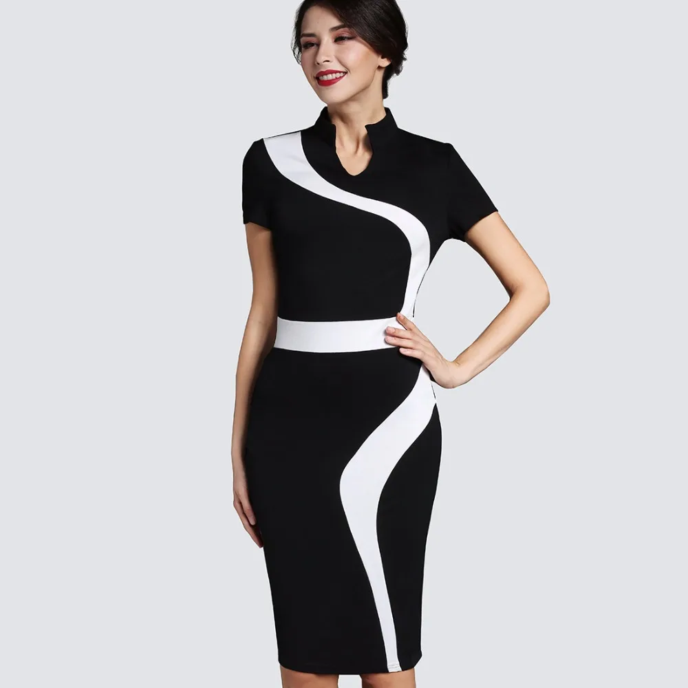 Contrast Fashion Optional Illusion Business Vintage Office Dress Zipper