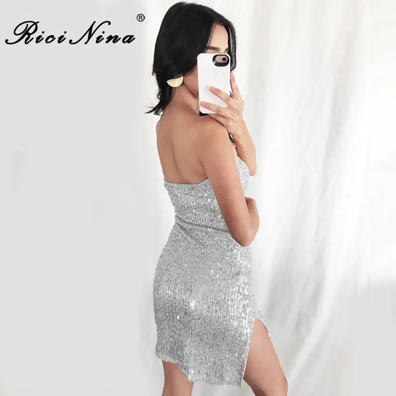 RICININA 2019 Women Dress Woman Sexy Strapless Slit Sequins Bodycon Dress Ladies Club Party Elegant Mini Dresses Vestidos RICININA 2019 Women Dress Woman Sexy Strapless Slit Sequins Bodycon Dress Ladies Club Party Elegant Mini Dresses Vestidos