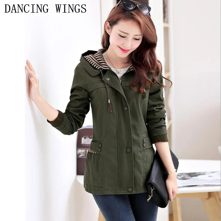 

Spring Army Green Women's Windbreaker Plus Size 4XL Hooded Coat Jacket Casual Fashion Slim Coats Female