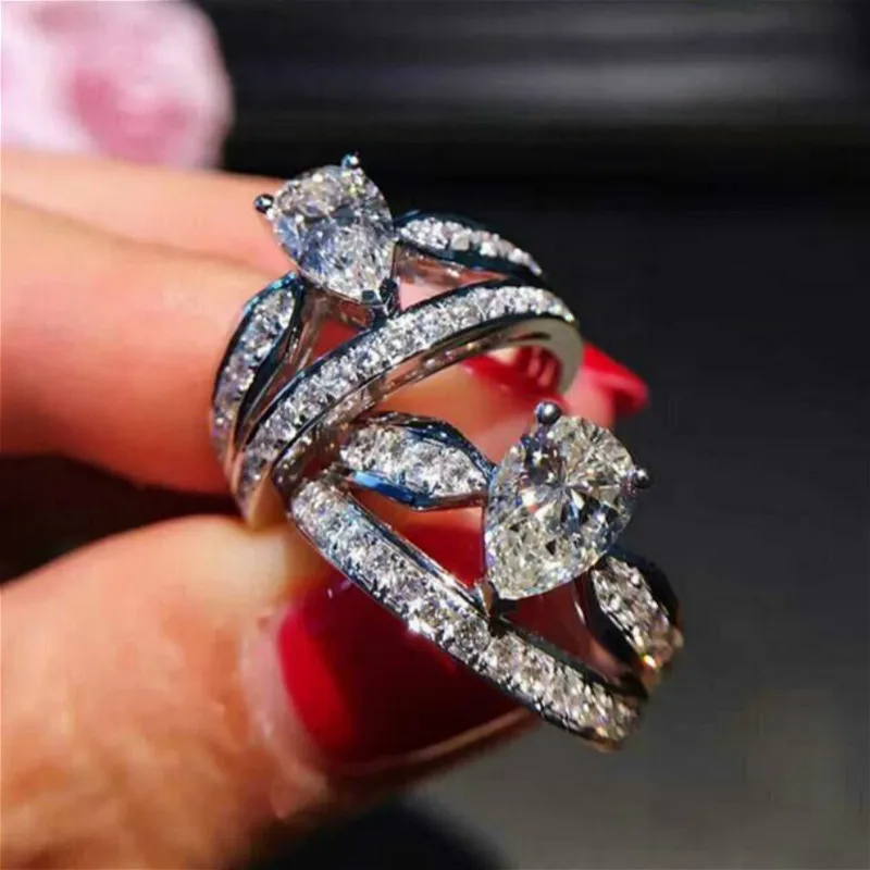 Exquisite Super Flash CZ Stone Wedding Rings for Women Female Single Ring Water Drop Engagement