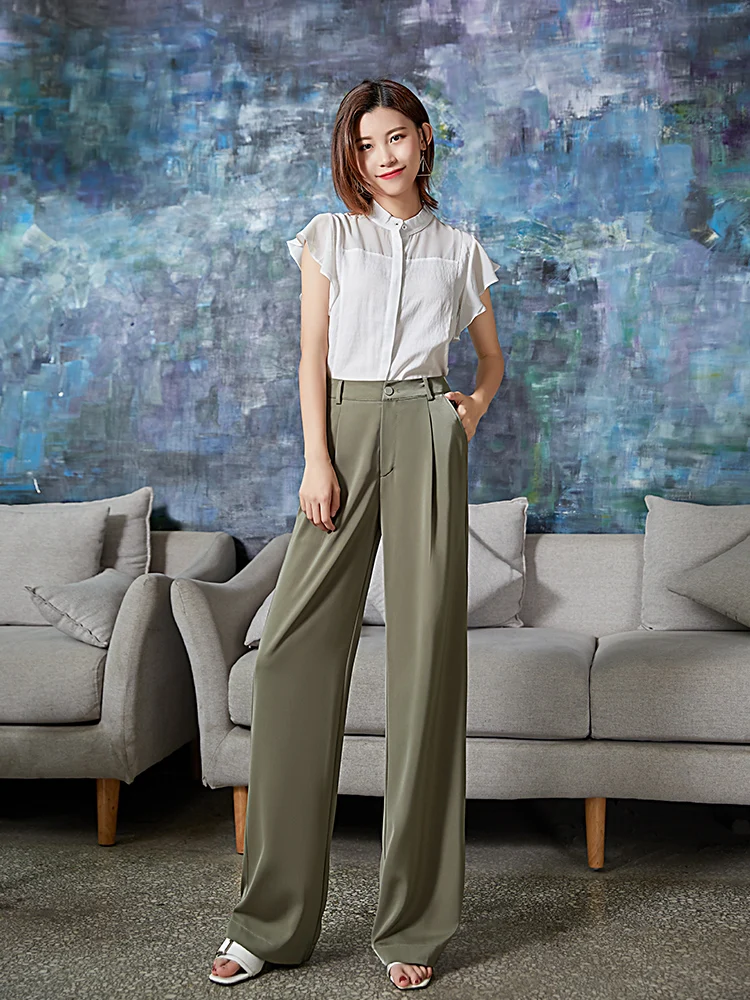 Weilai летние зеленые ацетат брюки с широкими штанинами Для женщин элегантные Высокая Талия Ложные молнии брюки корейский стиль Широкие штаны