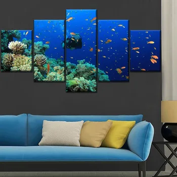 

Canvas Painting One Set 5 Piece Diving Sea Coral And Fish Modular Style Picture Modern HD Printing Type Wall Art Home Decor