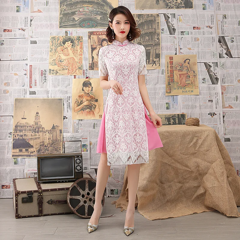 

AO Dai Fashion Knee Length Cheongsam Chinese style Mandarin Collar Dress Womens Summer Lace Qipao Slim Party Dresses Vestido