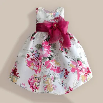 

Super Bow Girls Dresses Red Flower Fashion Christmas Party Birthday Kids Dress Tribute Silk child clothes 3-8