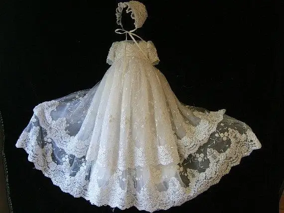 Cheap Two Tiers Embroidery Lace With Bonnet beaded Baby Dress Baptism Gowns for Boys and Girls christening gowns