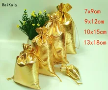 Sac en Organza en feuille d'or, 50 pièces, 7x9, 9x12, 10x15, 13x18cm, pour cadeaux de mariage, pochettes d'emballage de cadeaux de noël