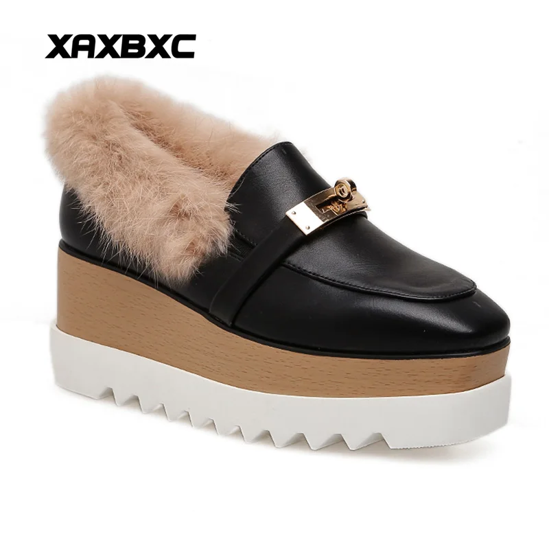 

XAXBXC 2018 Winter Leather Rabbit Fur High Heels Button Belt Platform Wedges Square Toe Women Casual Lady Mujer Femme Shoes