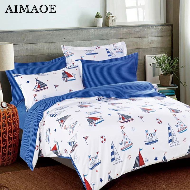 4pcs New Polyester/Cotton Sailboat Bedding Set Cruises Bedclothes Bed