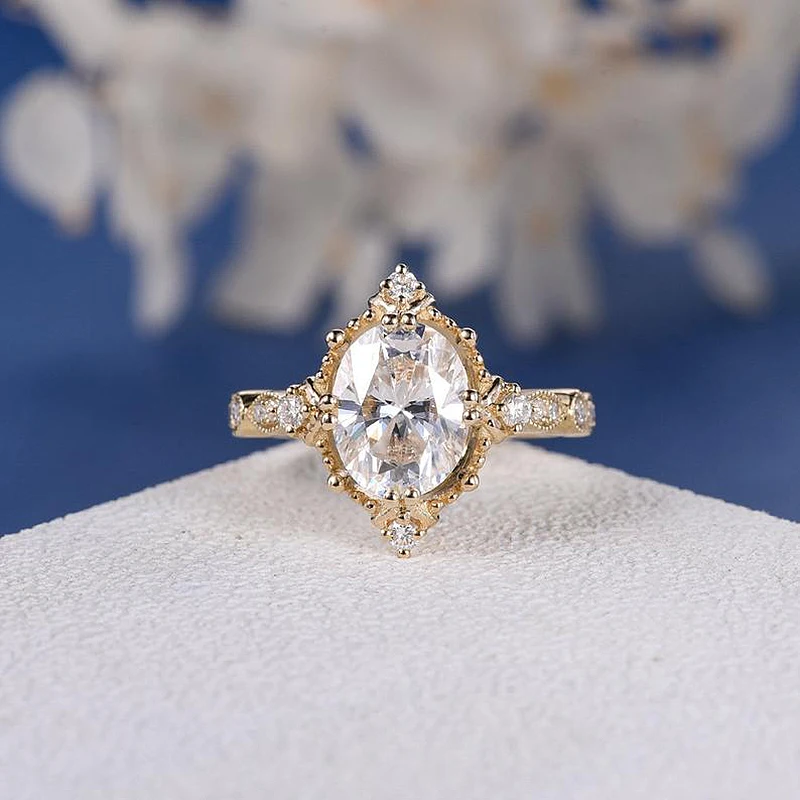 Antique 18K Yellow Gold 2ct Moissanite Engagement Ring Oval Cut