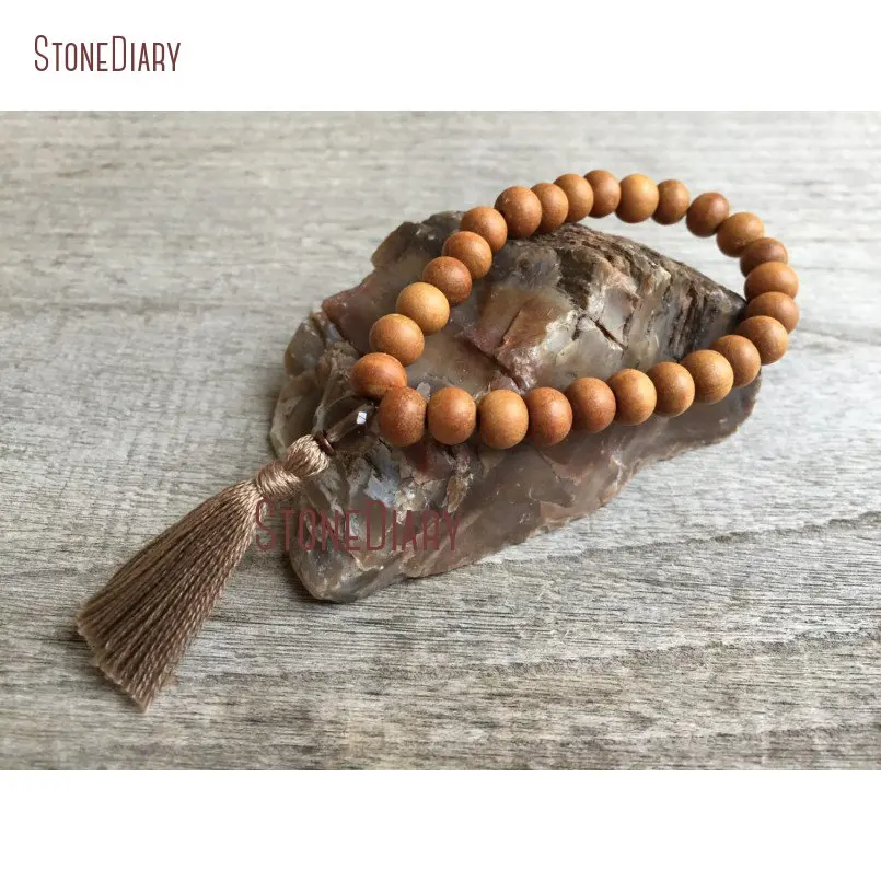 20180312-BM11041-Sandalwood & Smoky Quartz Bracelet 27 Bead Stacking Quarter Mala with Tassel gemstone natural earthy bohemian fragrant wood meditation_1