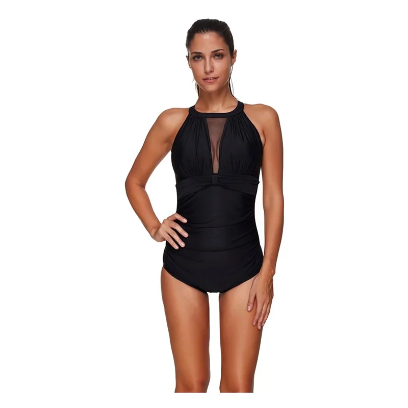 Tulle Splicing Bikini 2017 High Neck Sleeveless One Piece Sexy Swimwear Women Back Hollow Out