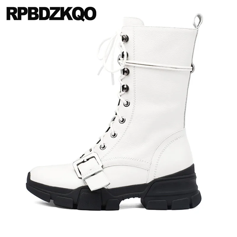 

Combat Mid Calf Flatform Shoes Fur Belts Biker White Platform Boots Military Lace Up Wedge Muffin Women Casual Motorcycle Winter