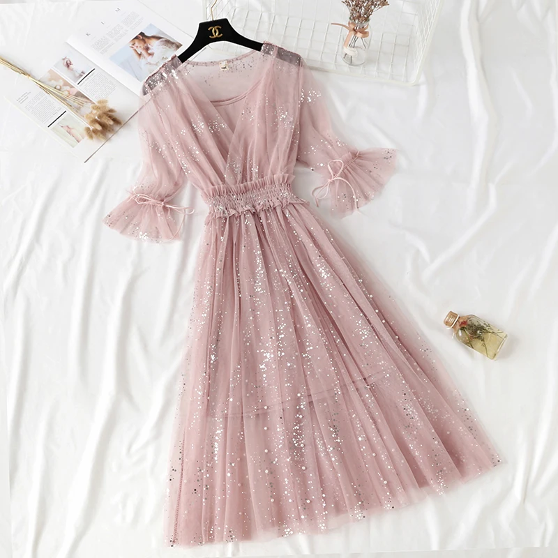 Летнее винтажное женское платье миди, элегантное платье с оборками и v-образным вырезом, корейское Новое Сетчатое платье с рукавом-бабочкой, блестящее платье с блестками
