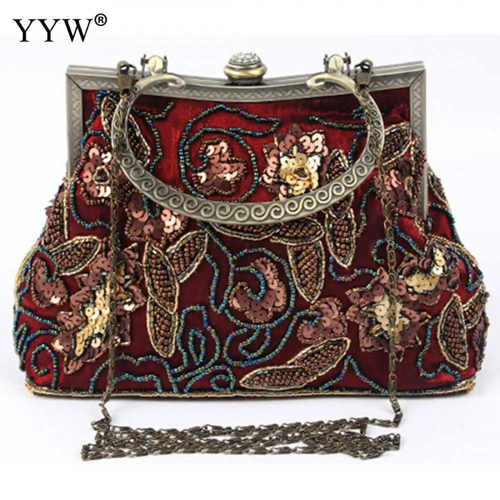 

Vintage Tote Bag messenger Women Sequined Crossbody Bag with Rhinestone Brand Luxury shoulder Velour Handbags Red Evening Bag