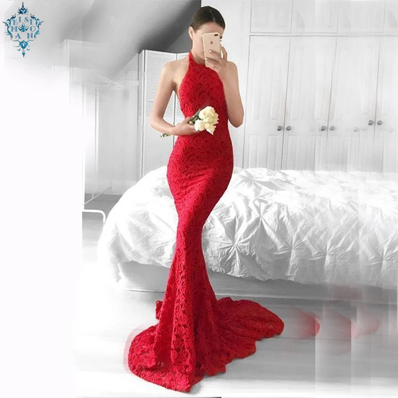 

Ameision Sexy Red Lace Evening Dresses Long 2019 New Mermaid Evening Gowns Women Halter Backless Lady Club bodycon Party Dress