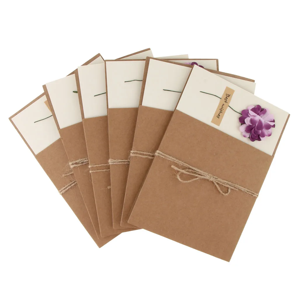 6pcs Rustic Dried Flower Kraft Paper Greeting Cards Handmade Crafts Blank Inside With Envelops
