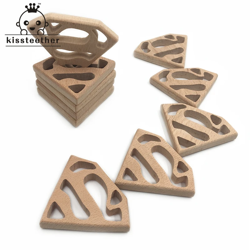 

Handmade Wooden Organic Safe Baby Teether Superman Pendent Organic Natural Beech Wooden Animal Toy DIY Jewelry Making Accories