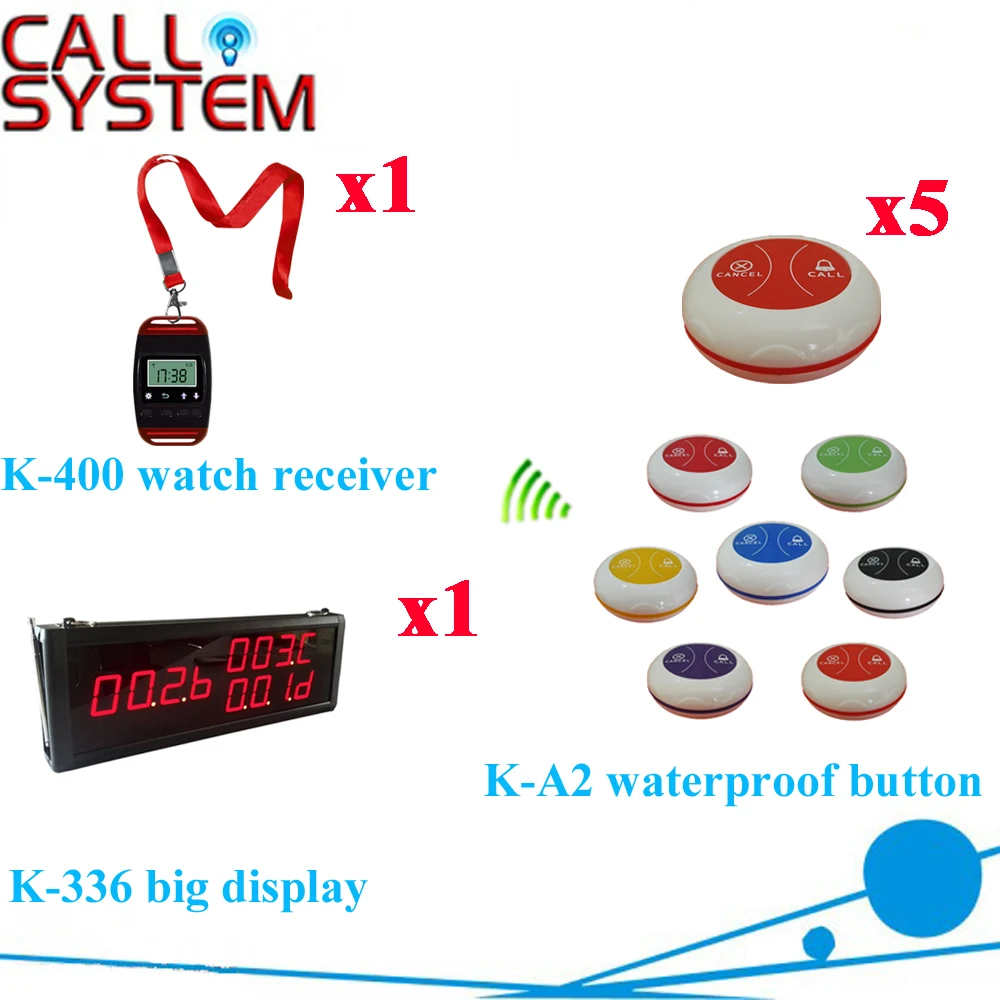 Waiter Bell System Restaurant Guest Paging Host Display Table Bells Call Button Pager( 1 display+1 wrist pager+5 call button )
