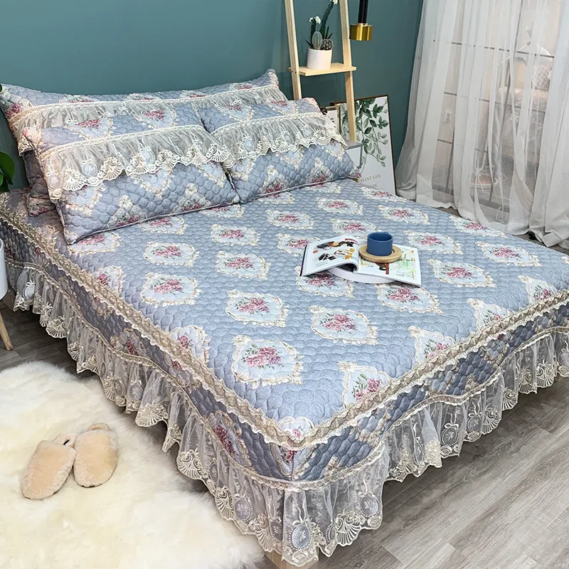 

Luxury Gray Green European Style Lace Bedding Set 3pcs Jacquard Bedspread Bed sheet Bed Linen Pillowcases Size Can Be Customized