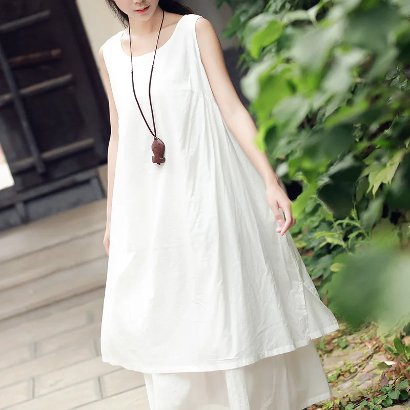 

Johnature Casual Tank Dress 2019 New Summer Women Cotton Linen Breathable Comfortably Soft Solid O-Neck Sleeveless Loose Dresses