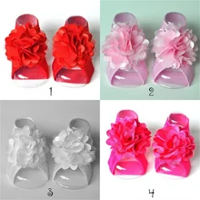 20 пар/лот из сатиновой сетки шифон цветок ребенок Босиком новорожденных детские сандалии, обувь реквизит для фотосъемки Kidocheese