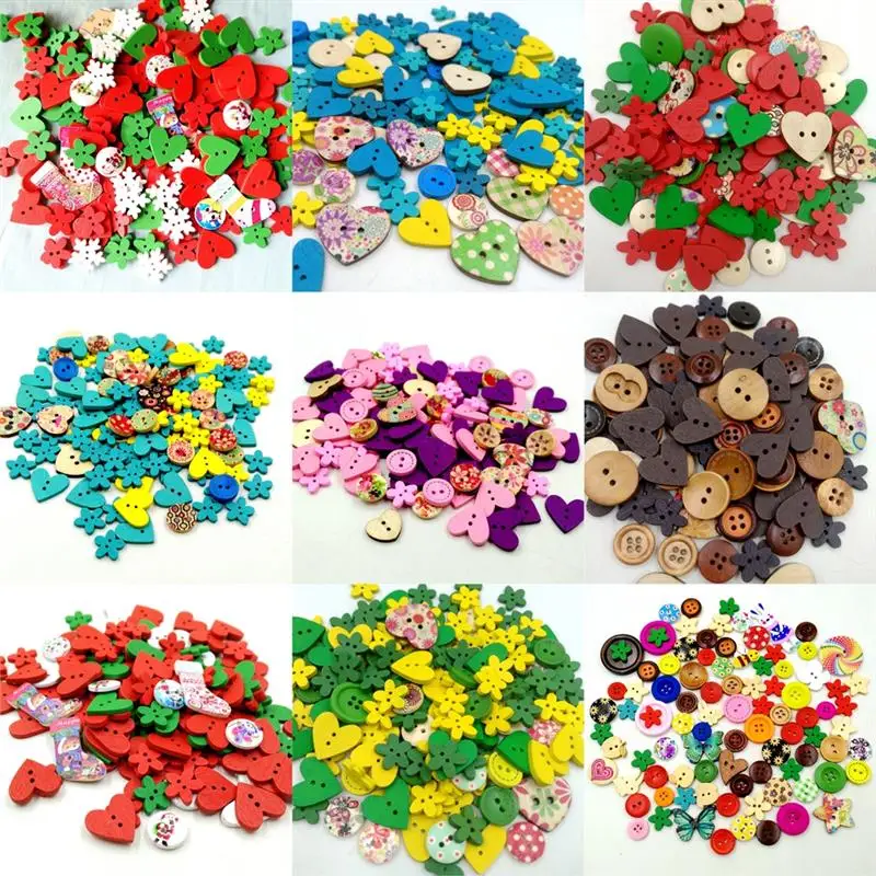 

100pcs Colorful Random Mixed Wood Button Christmas Button Heart Flower Shaped Wooden Button For Clothing DIY Sewing Accessories