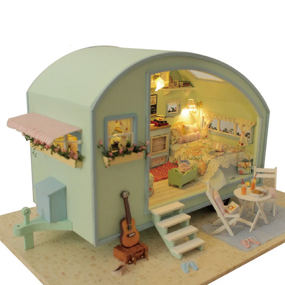 

DIY Wooden Dollhouse Miniature Kit Doll house building blocks motor home LED Music--Time Traval brinquedos 20
