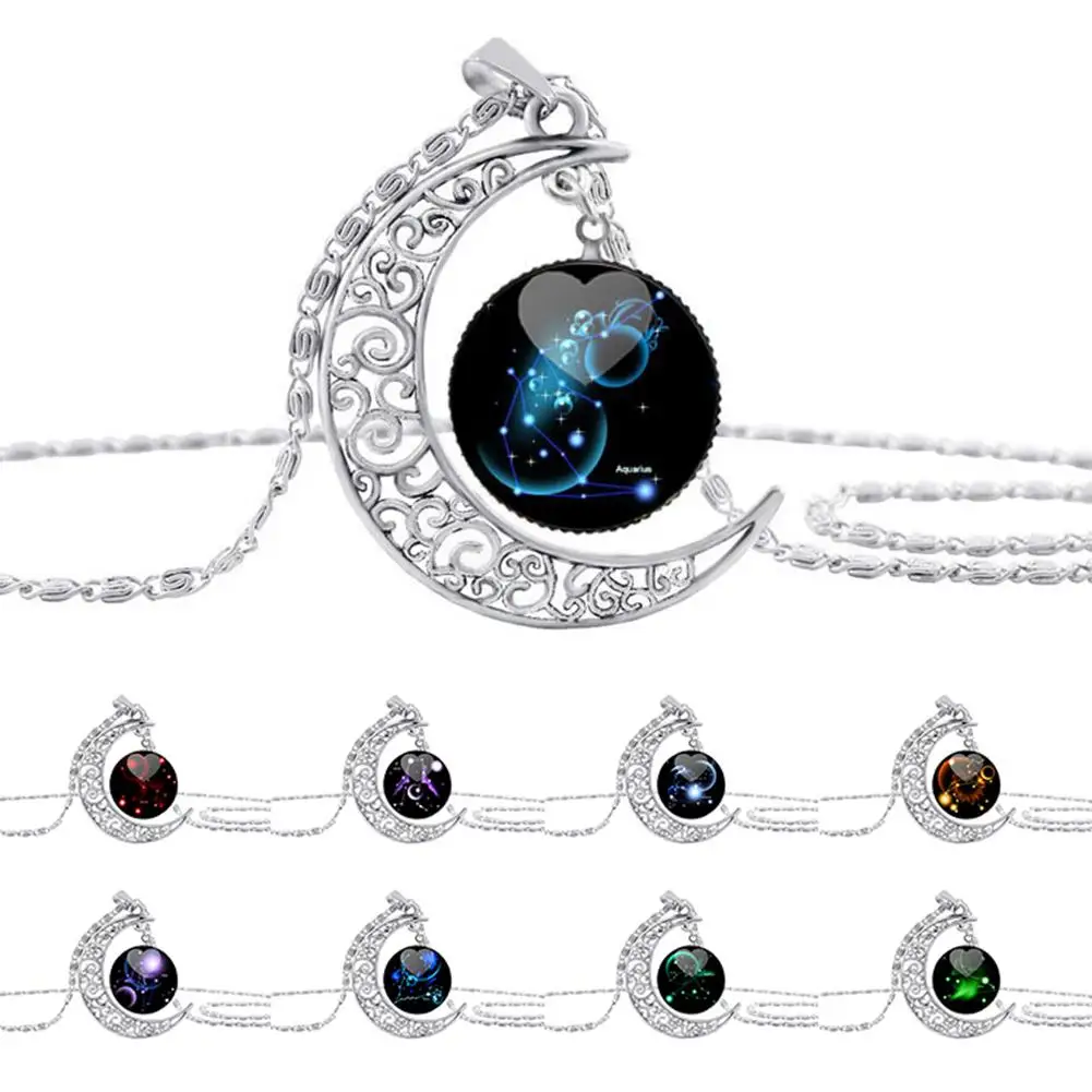 Fashion Unisex Women Men Party Jewelry 12 Constellation Faux Gem Hollow Moon Necklace | Ожерелья и подвески