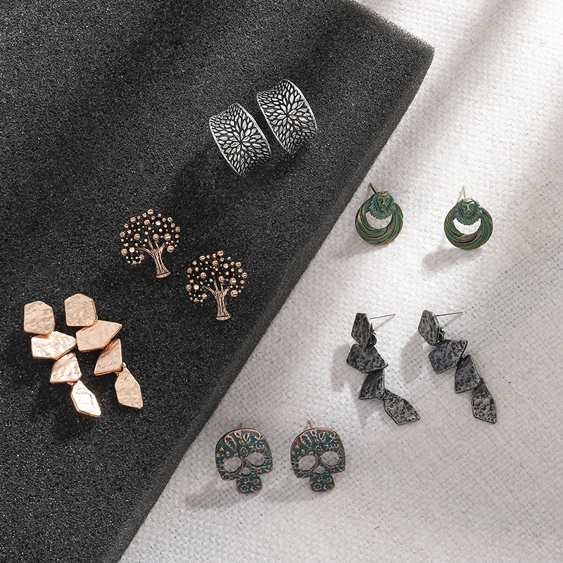 

Punk Stud Earrings For Women Bronze Ancient silver Tree Skull Geometric Earrings For Party Ear Jewelry Wholesale