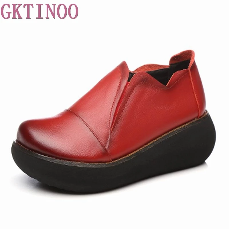 

GKTINOO Spring Autumn Shoes Women Genuine Leather Breathable Pumps Wedges High Heels Shoes Fashion Platform Women Pumps