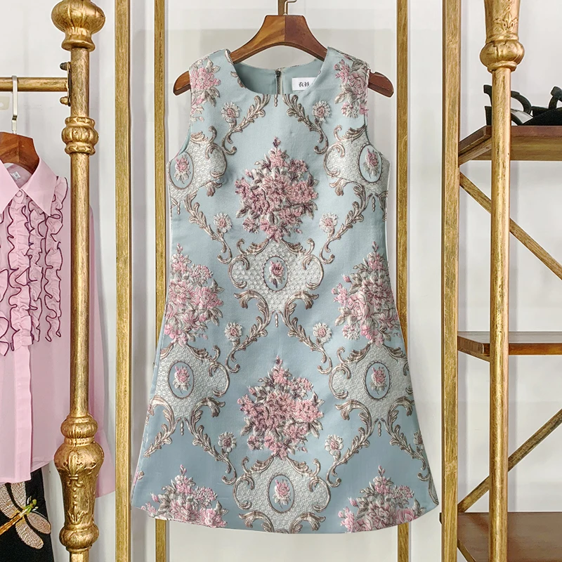 Роскошное дизайнерское Брендовое платье для женщин с круглым вырезом, винтажное жаккардовое платье-жилет с вышивкой бисером