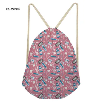 

INSTANTARTS Cartoon Dentist Pattern Women's Drawstring Bags Sports Girls Gym Bags for Fitness Outdoor Ladies Shoes Bag Gymsack