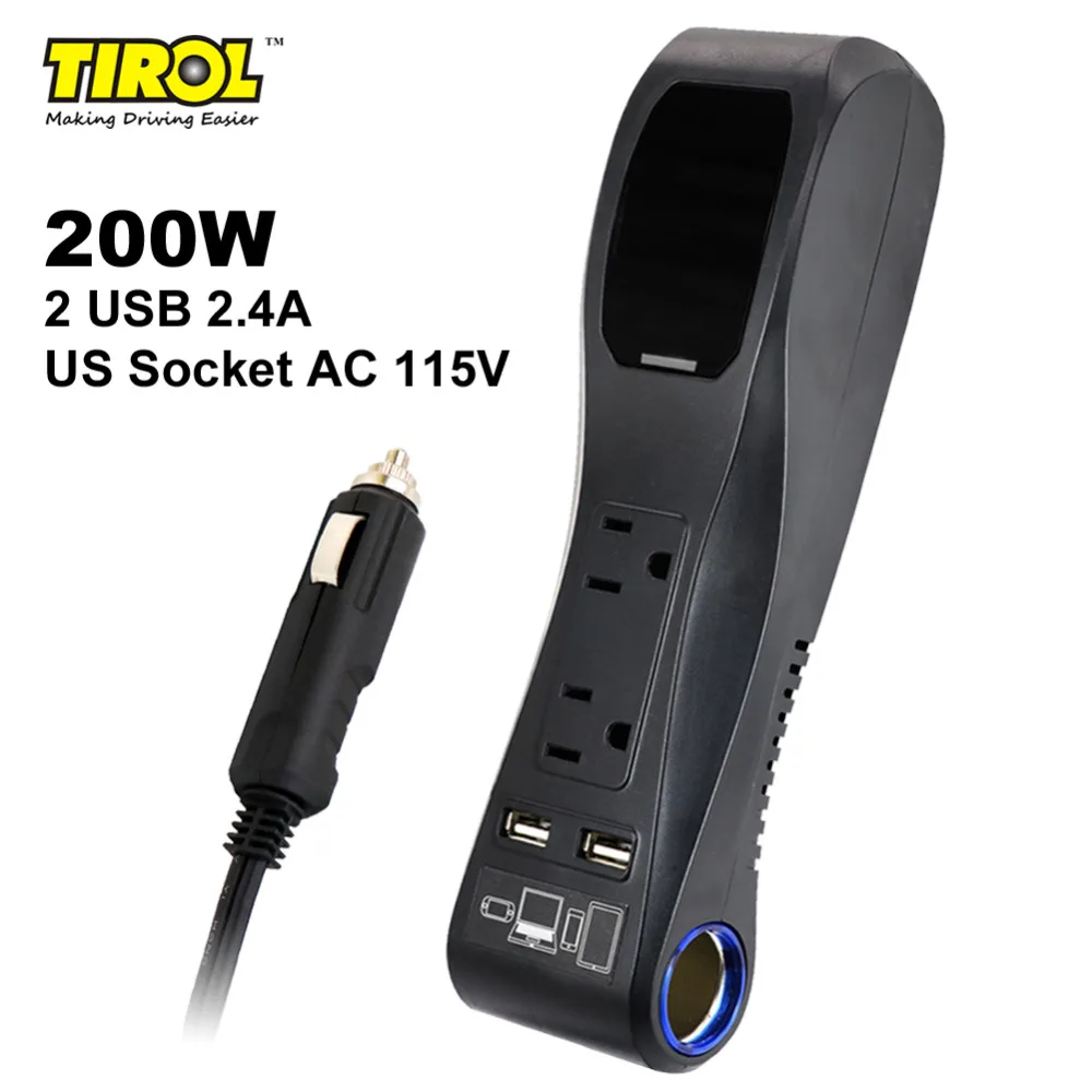 

TIROL 200W Car Charger Power Adapter Power Inverter Dual USB 4.8A With Car Cigarette Lighter Socket & Dual AC Outlets T24437b